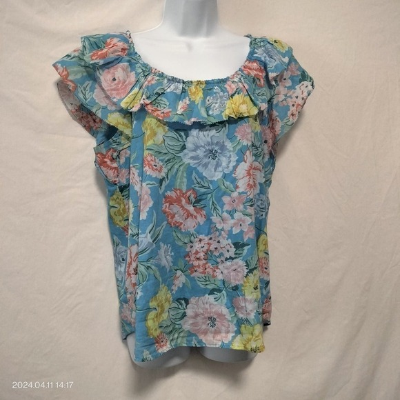 LOFT Size Medium Floral Cap Sleeves Ragged Edges Ruffle Elastic Neckline Top - Picture 3 of 13
